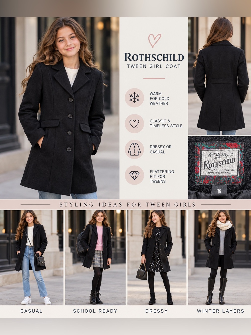 Rothschild Black Tween Girl Wool-Blend Peacoat size 16 NWOT